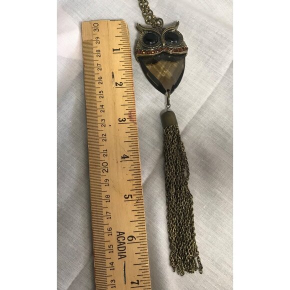 Vintage Owl Pendant Necklace by Katherine Karambelas Tassel & Rhinestone Accents - Picture 6 of 8